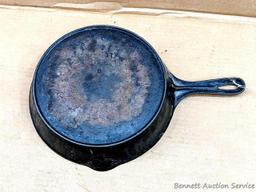 Volrath Ware No. 8 cast iron skillet is 10-1/2" diameter and in overall good condition.