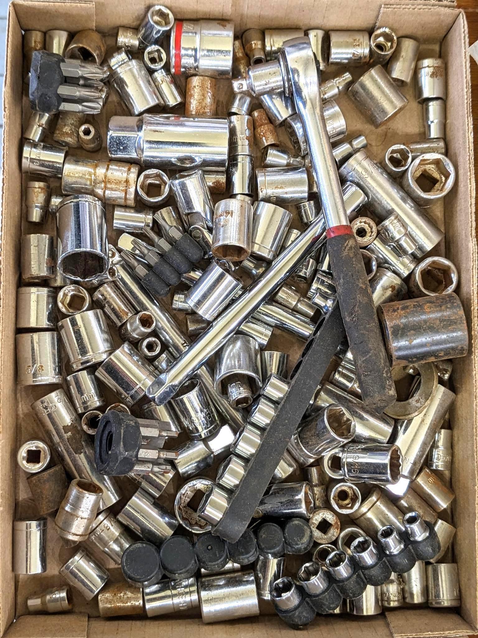 Metric and SAE 12 and 6 point sockets up to 13/16", also a 3/8" ratchet, extensions, more.