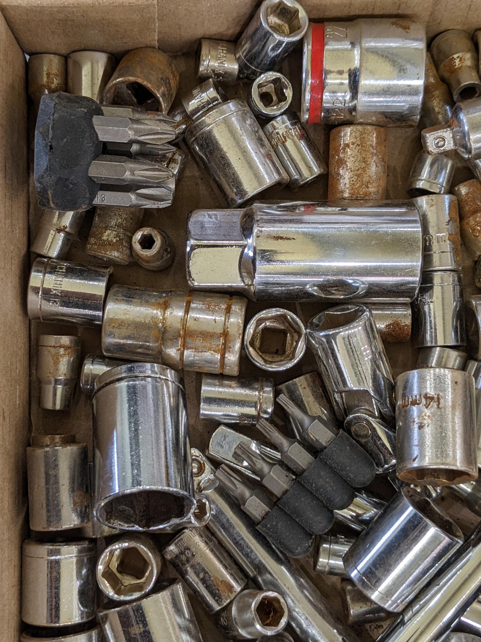 Metric and SAE 12 and 6 point sockets up to 13/16", also a 3/8" ratchet, extensions, more.