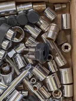Metric and SAE 12 and 6 point sockets up to 13/16", also a 3/8" ratchet, extensions, more.