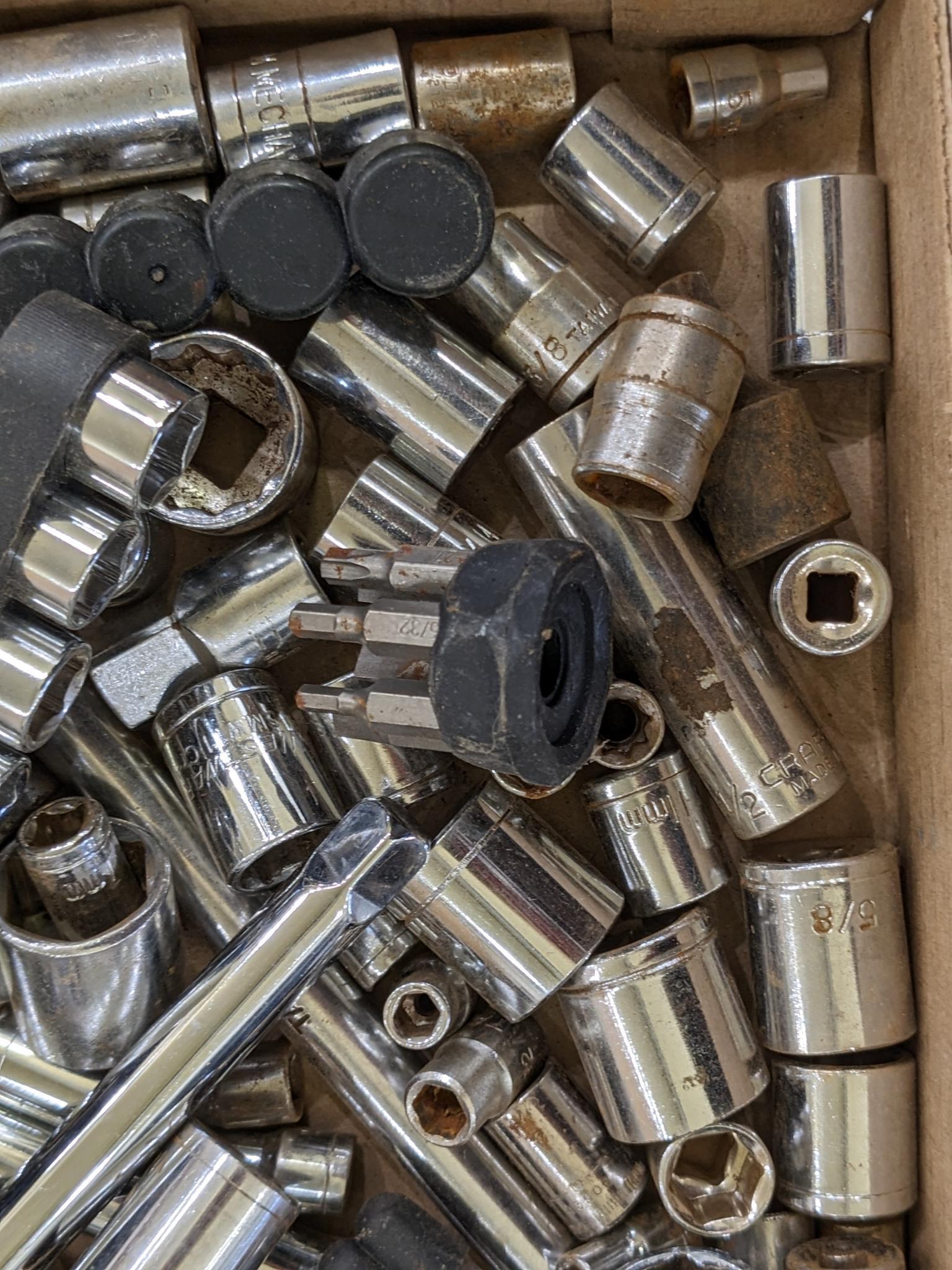 Metric and SAE 12 and 6 point sockets up to 13/16", also a 3/8" ratchet, extensions, more.