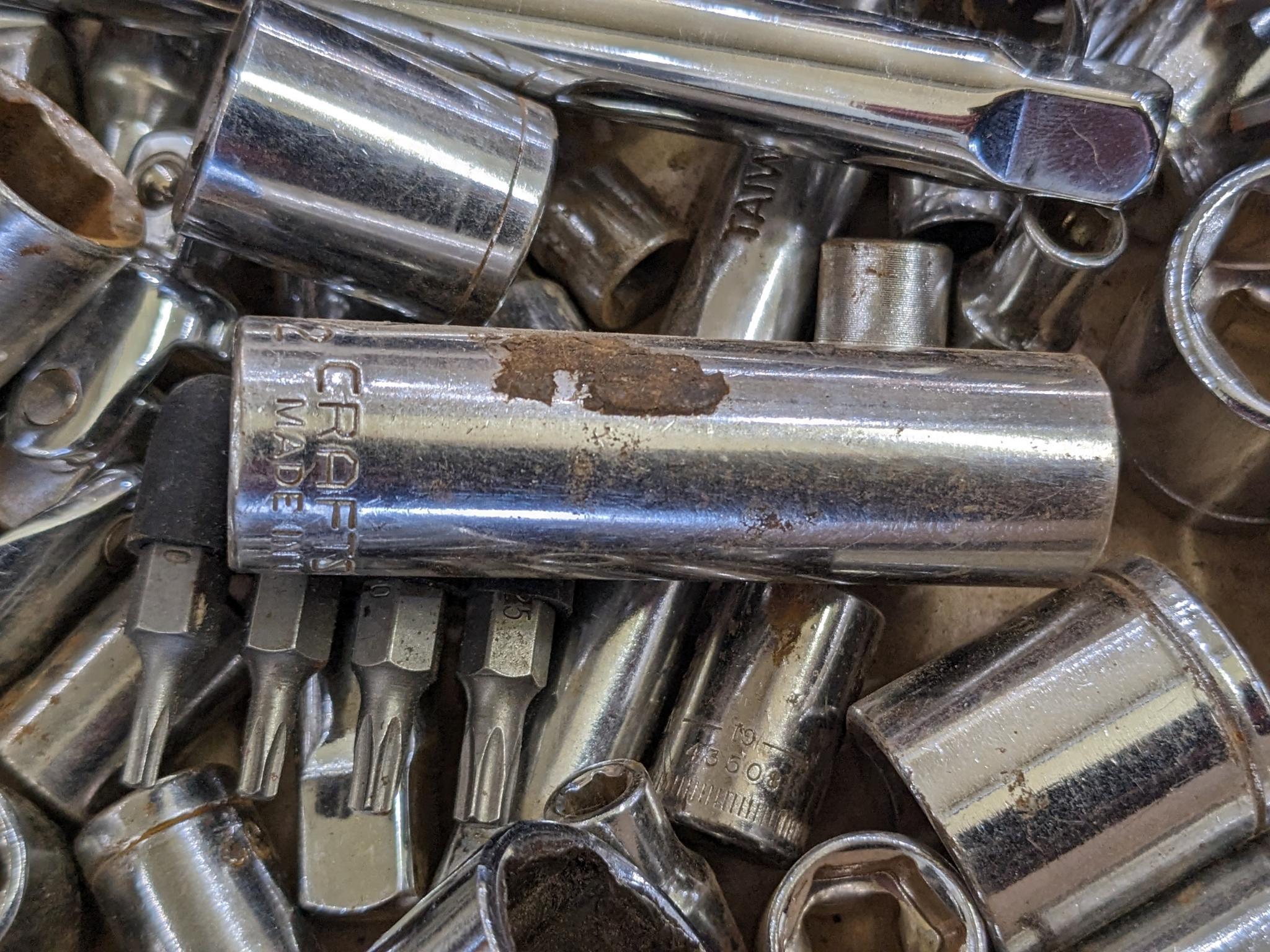 Metric and SAE 12 and 6 point sockets up to 13/16", also a 3/8" ratchet, extensions, more.