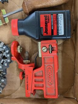 Chain saw lot incl. bar and chain oil, files and file guides, 2 stroke oil, and chains up to 21 1/2"