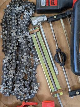Chain saw lot incl. bar and chain oil, files and file guides, 2 stroke oil, and chains up to 21 1/2"