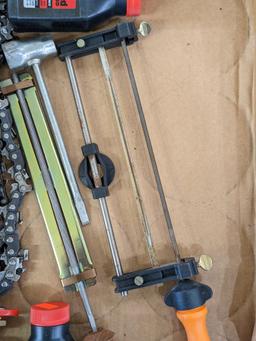 Chain saw lot incl. bar and chain oil, files and file guides, 2 stroke oil, and chains up to 21 1/2"