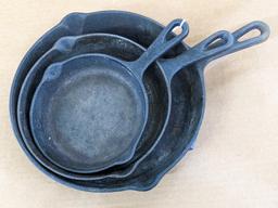 Set of three matching cast iron fry pans, largest is 10".