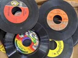1-3/4" tall stack of 45 rpm records including polka, Stevie Wonder, Disney, more.
