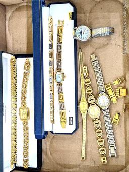 Sarah Coventry and other ladies quartz wristwatches. Pretty pieces, one with sun/moon movement. None