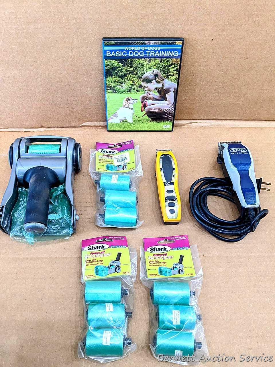 Shark Grab 'n Bag powered scooper, plus three packages of replacement bag material; Wahl pet