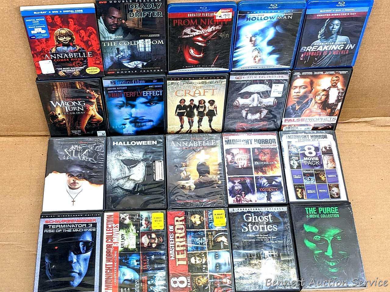 Twenty DVDs including The Craft, Annabelle, The Butterfly Effect, Creepy Kids & Clowns, Halloween,