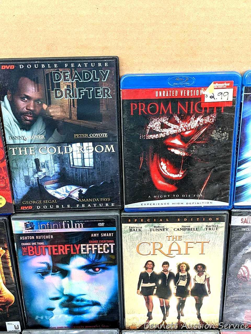 Twenty DVDs including The Craft, Annabelle, The Butterfly Effect, Creepy Kids & Clowns, Halloween,