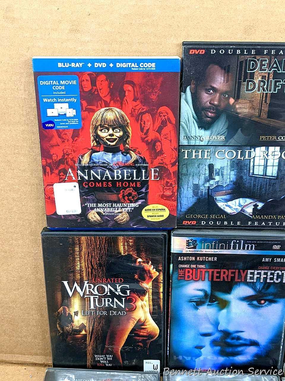 Twenty DVDs including The Craft, Annabelle, The Butterfly Effect, Creepy Kids & Clowns, Halloween,