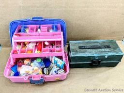 Pink 14" Plano tackle box with contents including knife,
