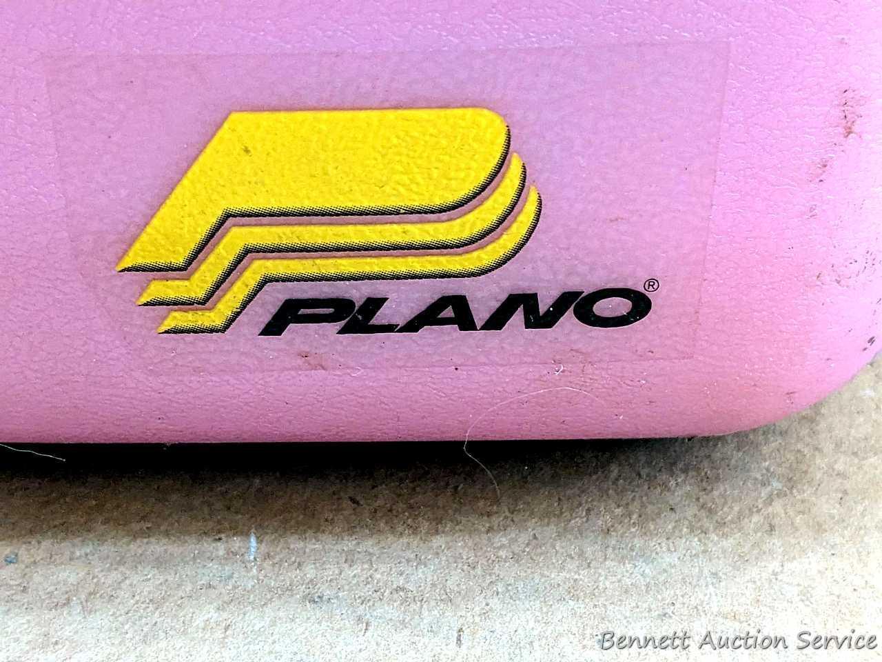 Pink 14" Plano tackle box with contents including knife,