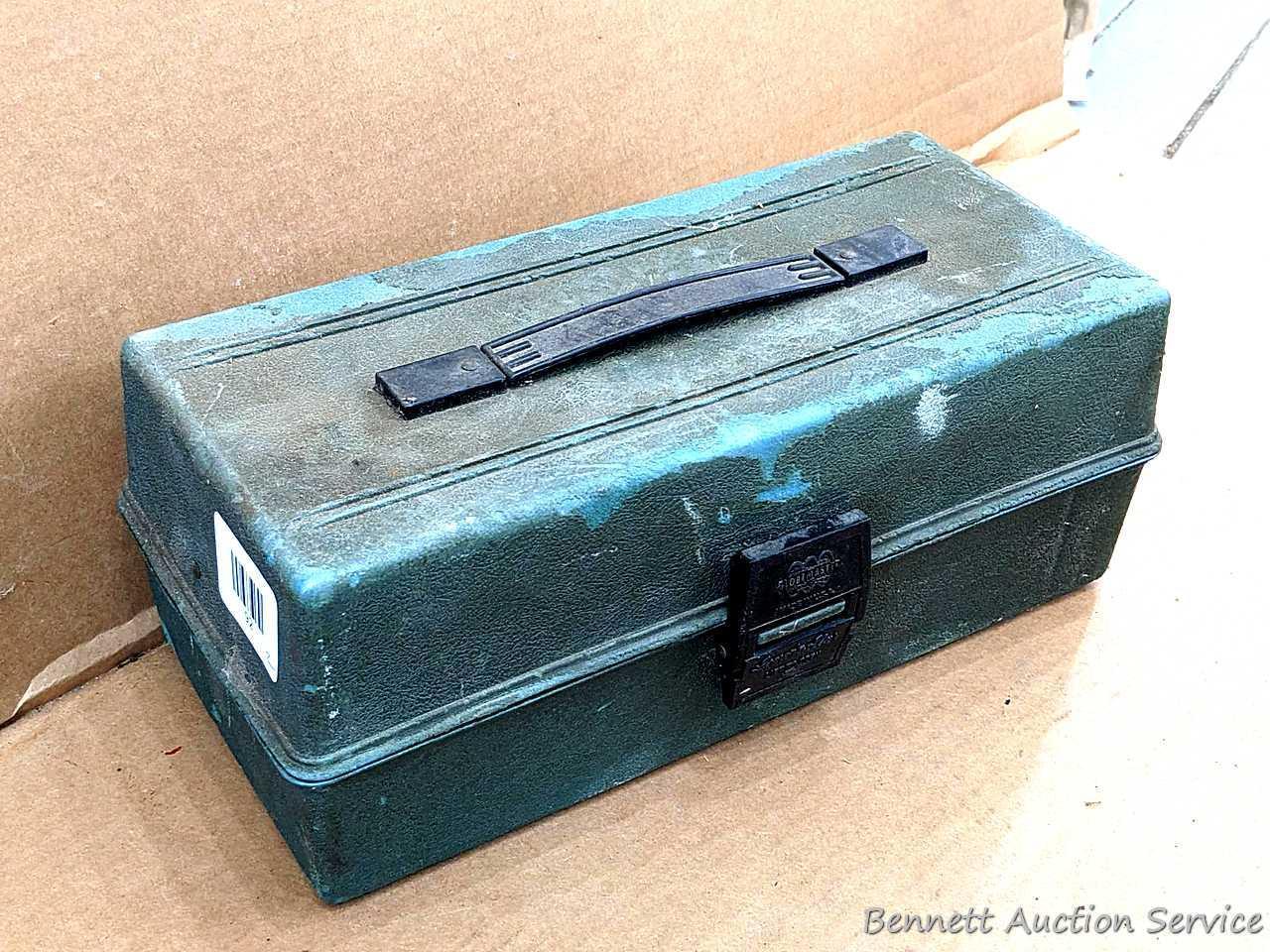 Pink 14" Plano tackle box with contents including knife,