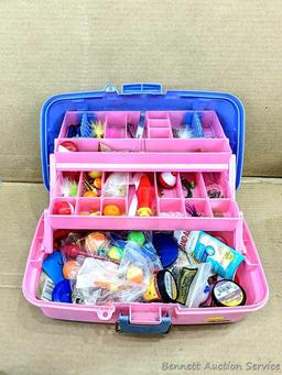 Pink 14" Plano tackle box with contents including knife,