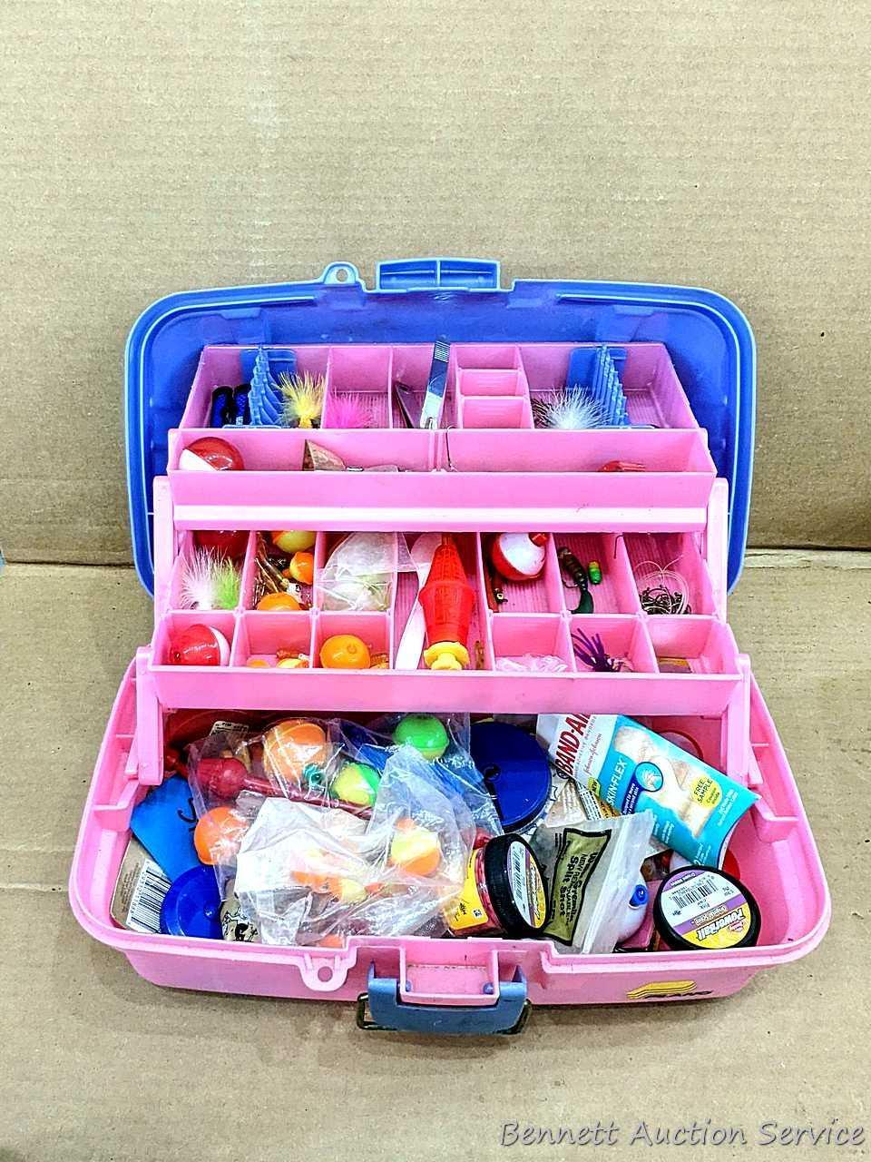 Pink 14" Plano tackle box with contents including knife,