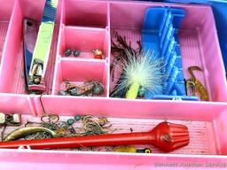 Pink 14" Plano tackle box with contents including knife,