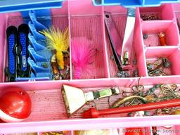 Pink 14" Plano tackle box with contents including knife,