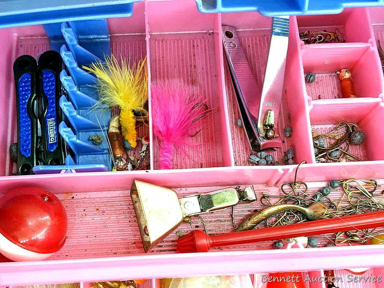Pink 14" Plano tackle box with contents including knife,