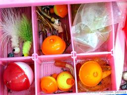 Pink 14" Plano tackle box with contents including knife,