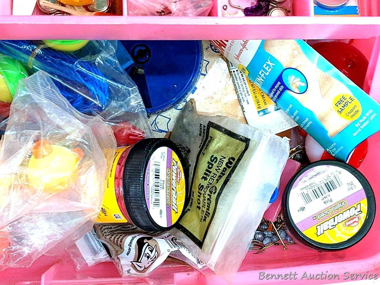 Pink 14" Plano tackle box with contents including knife,