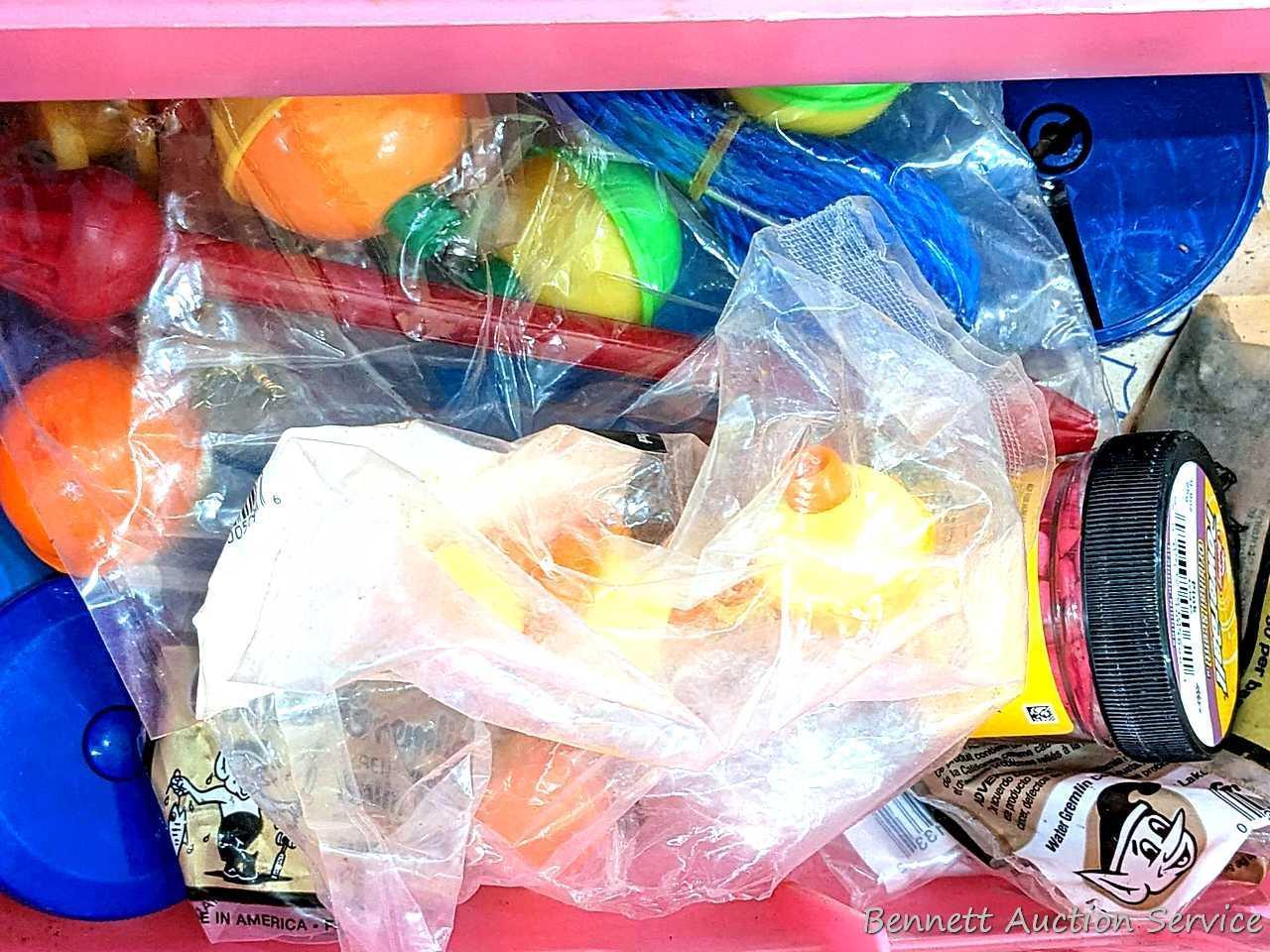 Pink 14" Plano tackle box with contents including knife,