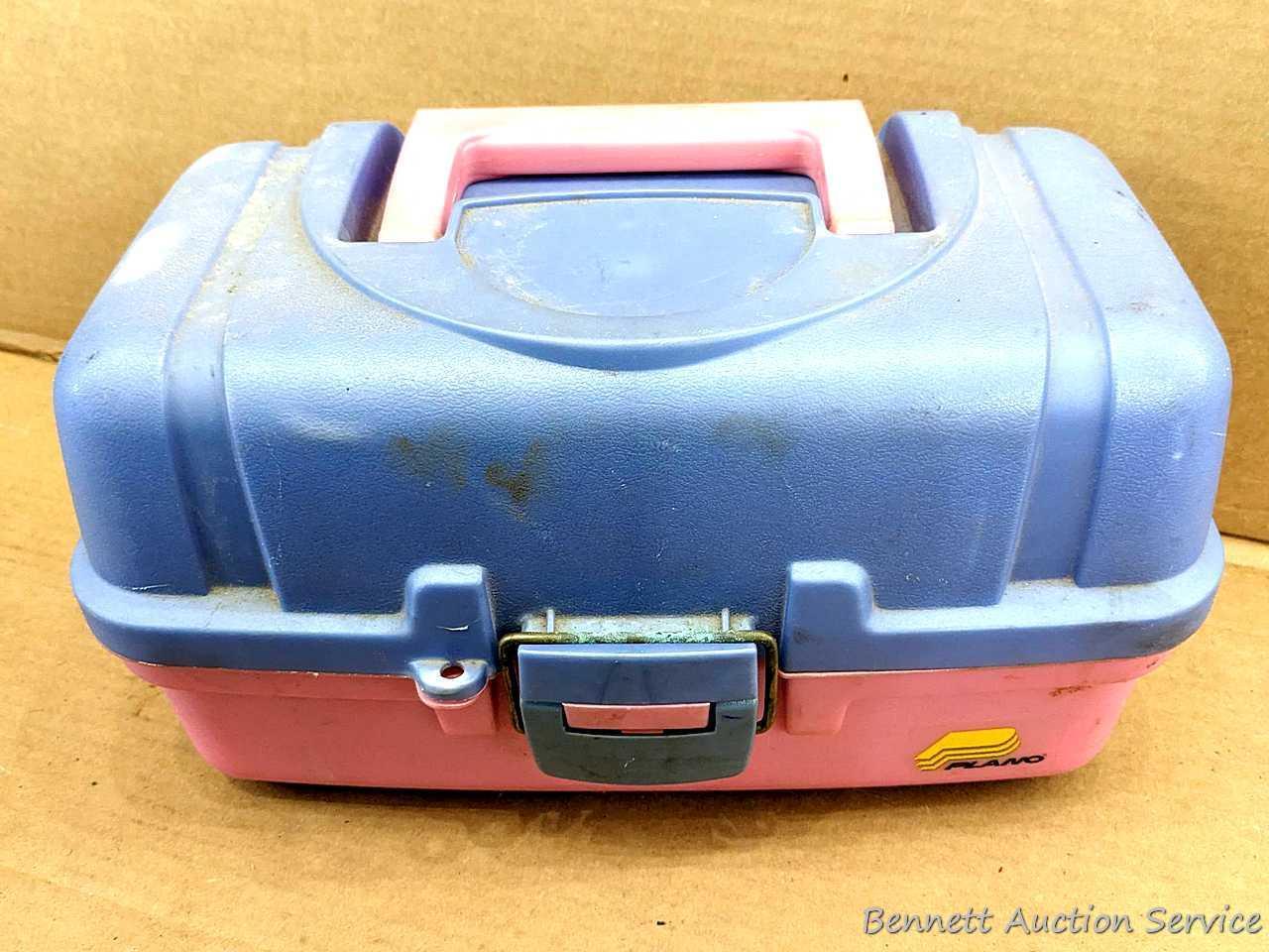 Pink 14" Plano tackle box with contents including knife,