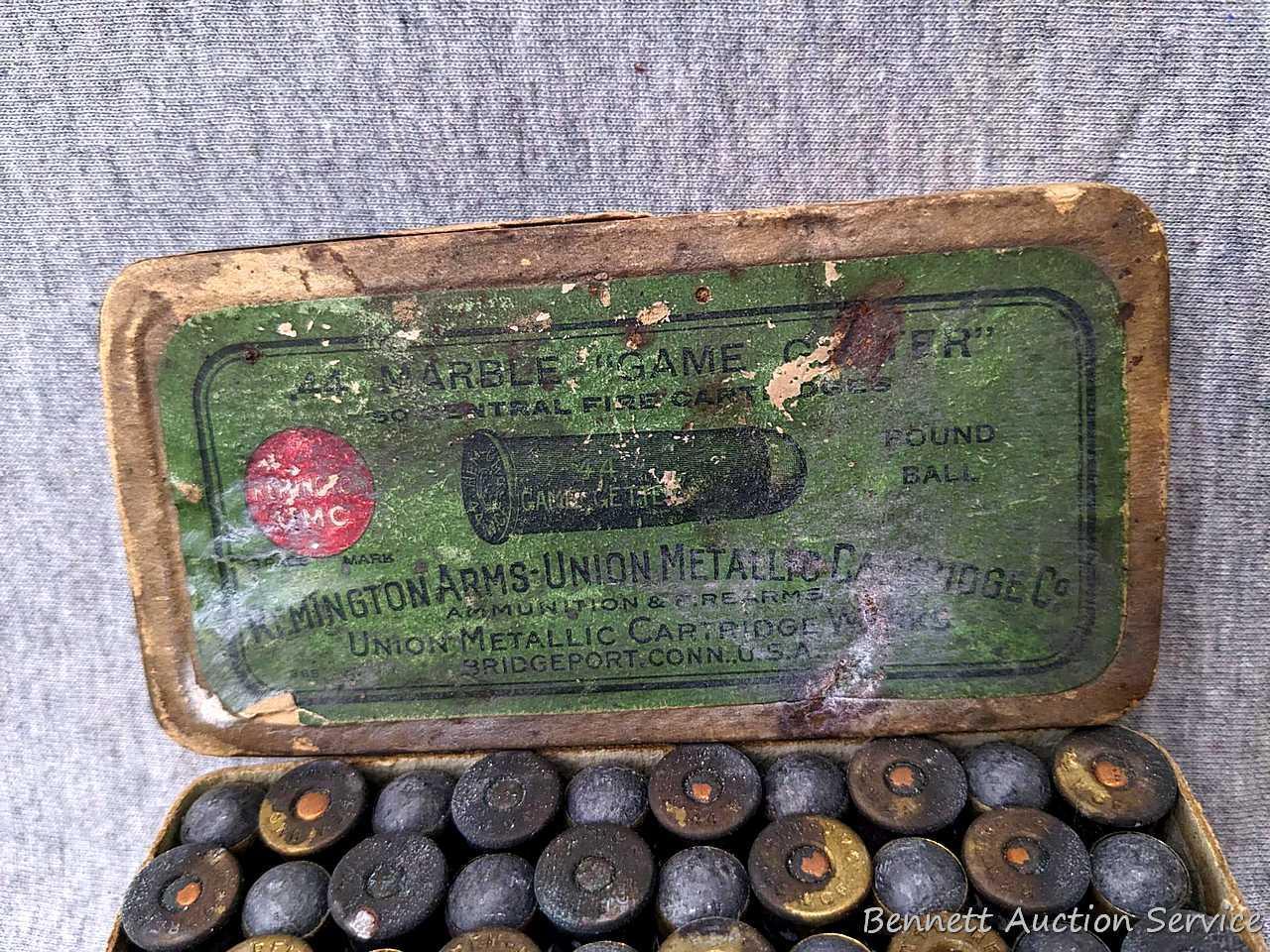 Vintage Remington UMC Game Getter ammunition box almost full of .44 Remington cartridges with