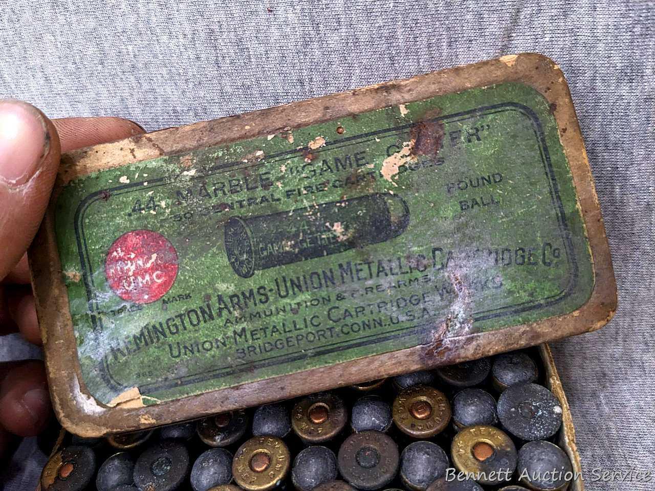 Vintage Remington UMC Game Getter ammunition box almost full of .44 Remington cartridges with