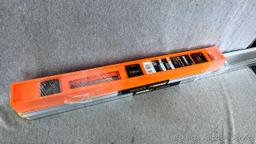 2 Sets of construction levels, one set is orange plastic and measures 24"; second set is aluminum