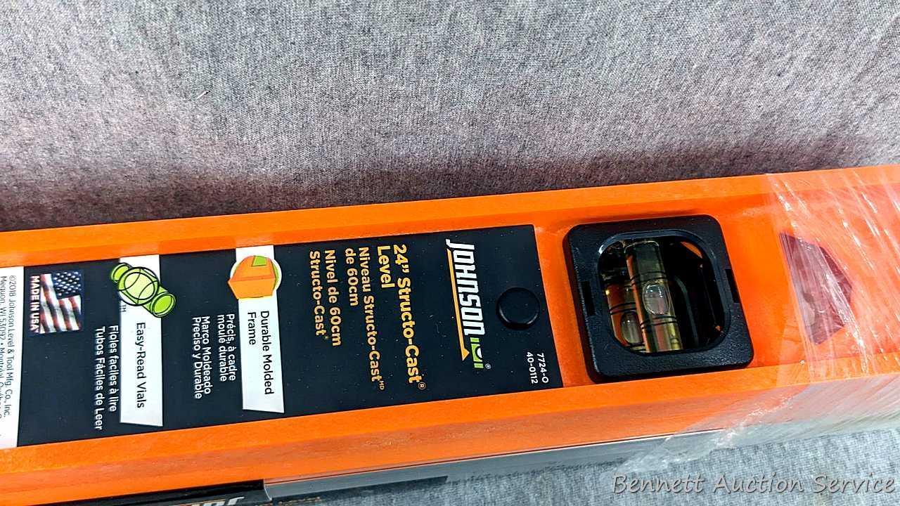 2 Sets of construction levels, one set is orange plastic and measures 24"; second set is aluminum