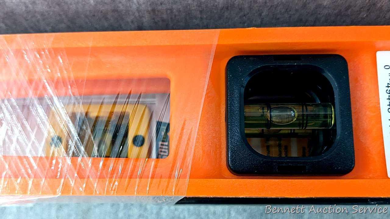 2 Sets of construction levels, one set is orange plastic and measures 24"; second set is aluminum