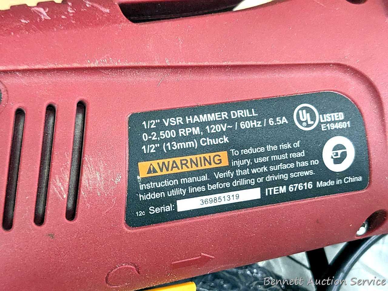 Chicago Electric 1/2" VSR hammer drill with handle and manual. Runs and is in good condition. Comes