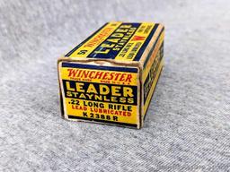 50 rounds of Winchester Leader Staynless .22 long rifle ammunition in an awesome old Winchester box.