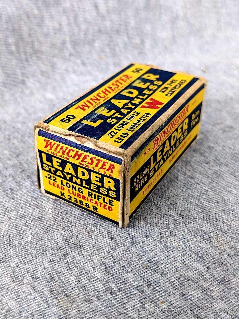 50 rounds of Winchester Leader Staynless .22 long rifle ammunition in an awesome old Winchester box.