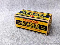 50 rounds of Winchester Leader Staynless .22 long rifle ammunition in an awesome old Winchester box.