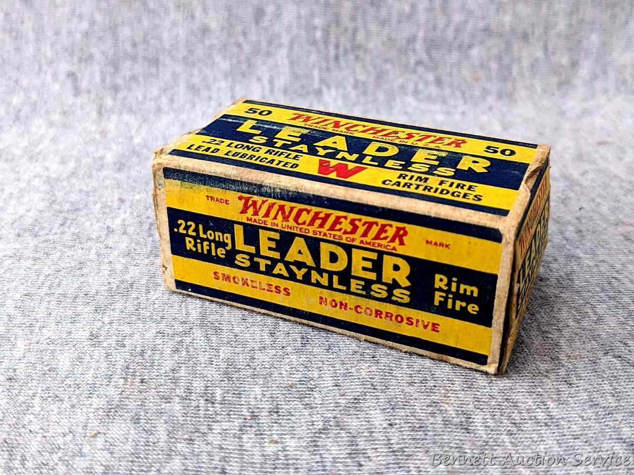 50 rounds of Winchester Leader Staynless .22 long rifle ammunition in an awesome old Winchester box.