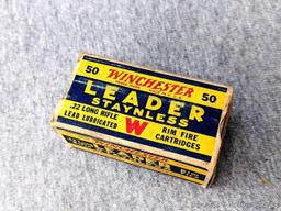 50 rounds of Winchester Leader Staynless .22 long rifle ammunition in an awesome old Winchester box.