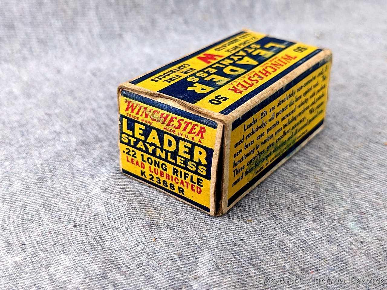 50 rounds of Winchester Leader Staynless .22 long rifle ammunition in an awesome old Winchester box.