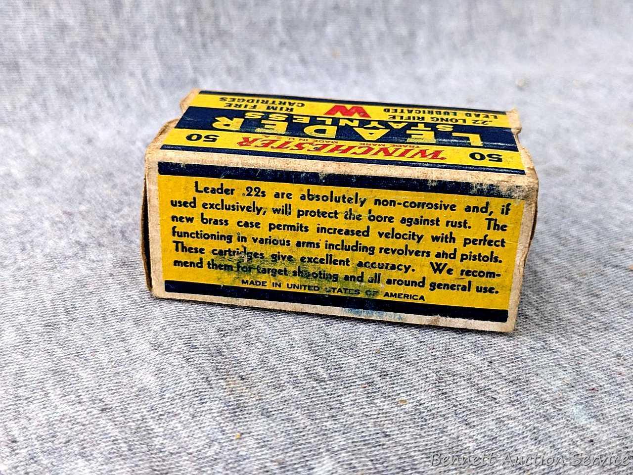 50 rounds of Winchester Leader Staynless .22 long rifle ammunition in an awesome old Winchester box.
