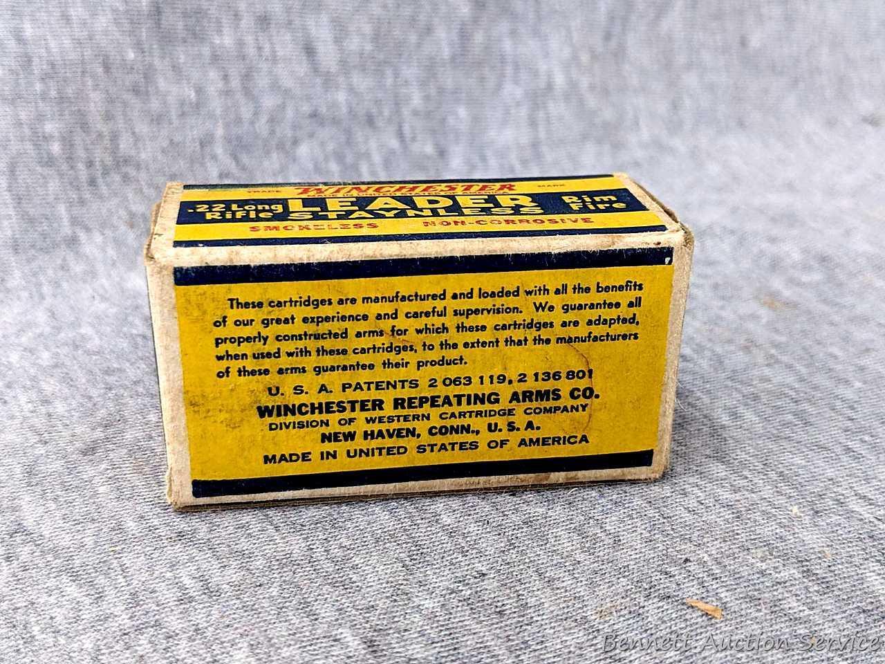 50 rounds of Winchester Leader Staynless .22 long rifle ammunition in an awesome old Winchester box.