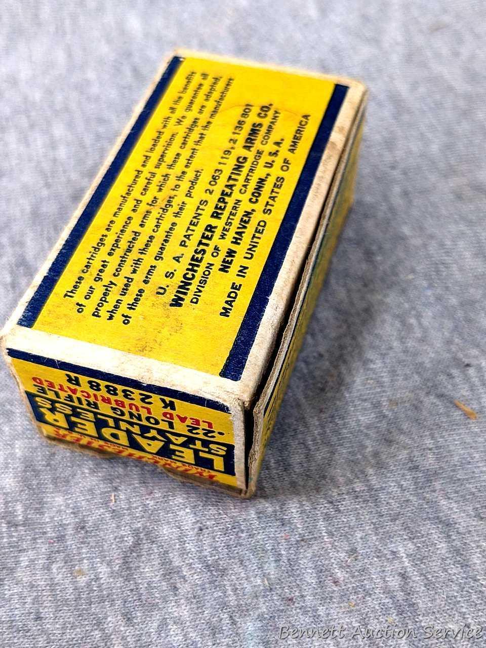 50 rounds of Winchester Leader Staynless .22 long rifle ammunition in an awesome old Winchester box.