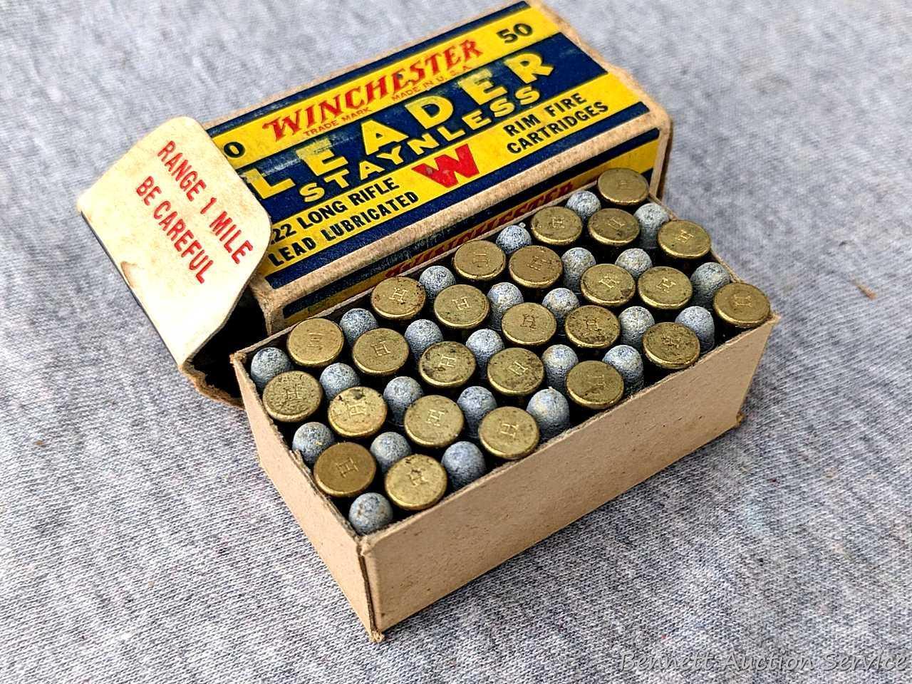 50 rounds of Winchester Leader Staynless .22 long rifle ammunition in an awesome old Winchester box.