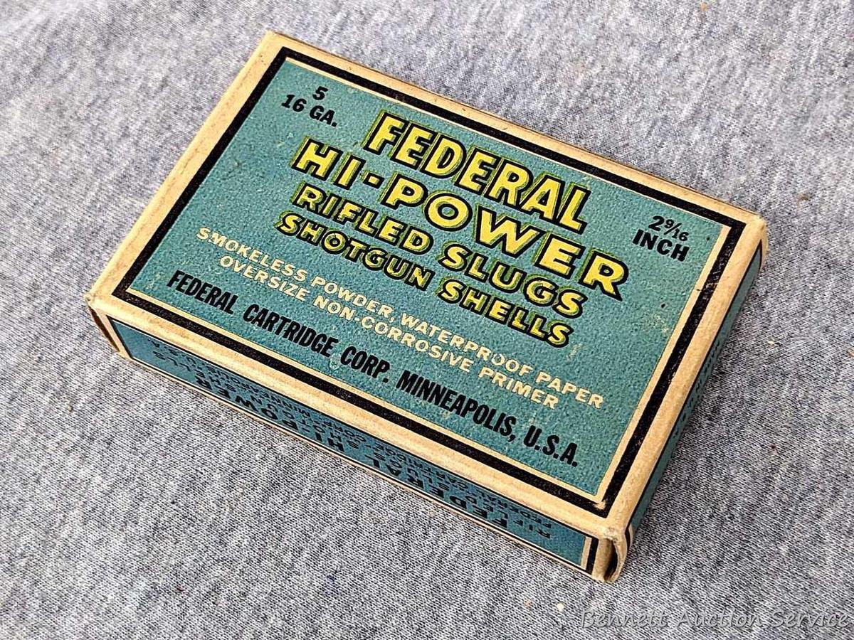5 rounds of Federal 12 gauge rifled slugs in a neat old box.