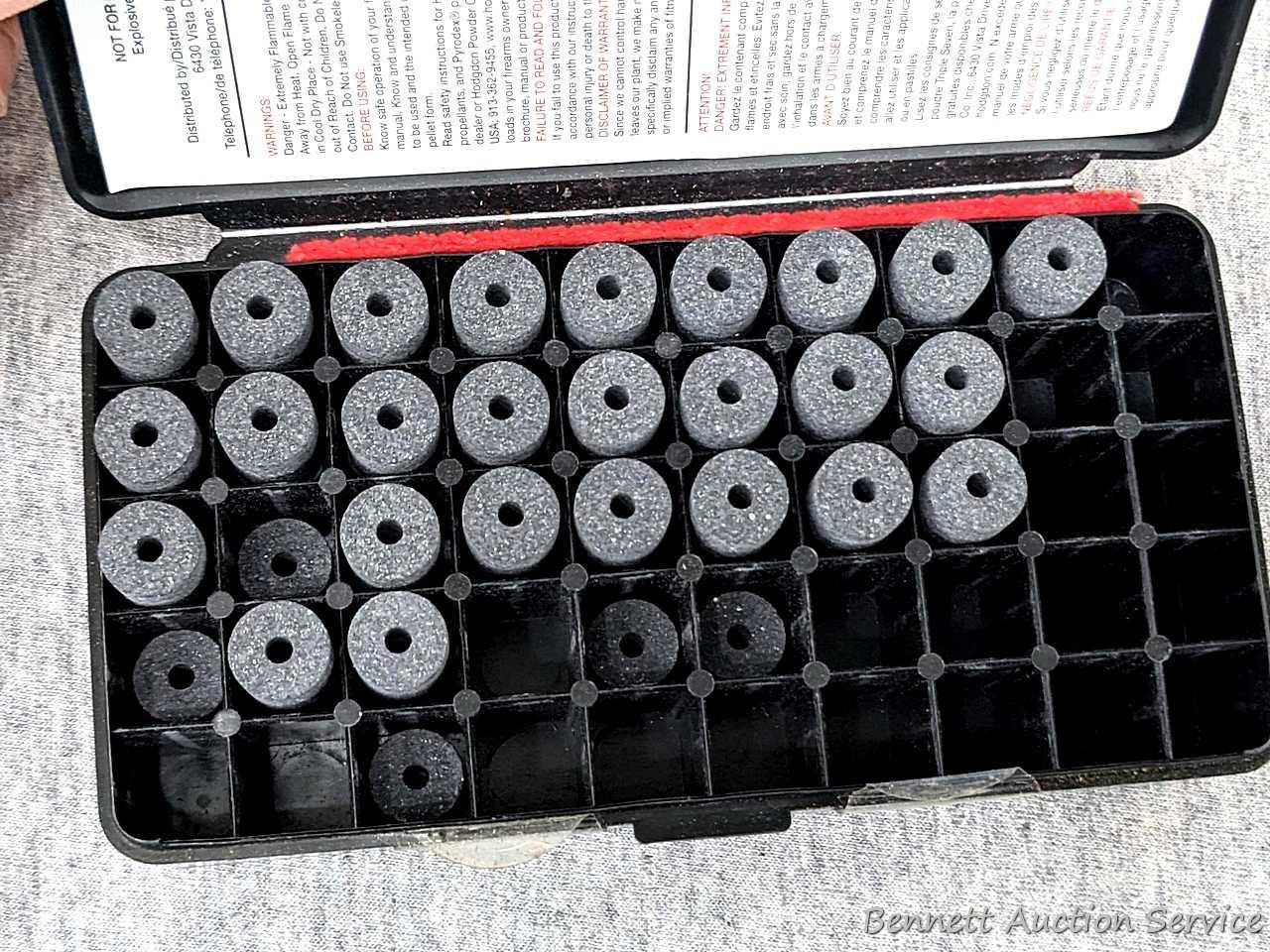 24 rounds of 12 gauge shotshells, a half full box of Hodgdon Triple seven pre formed powder pellets