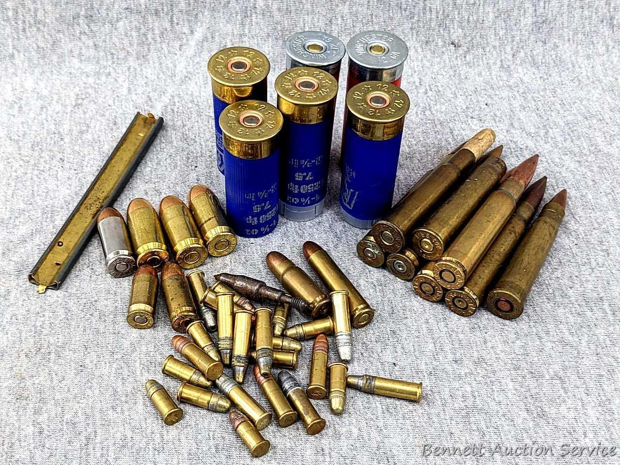 Miscellaneous ammunition incl. .30 US or .30 gov with a paper bullet, .45 auto, 12 gauge shotshells,
