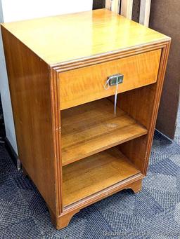 Bedside or end table with fixed shelves and drawer. Measures 26" tall, x 16" wide x 14" deep. Drawer