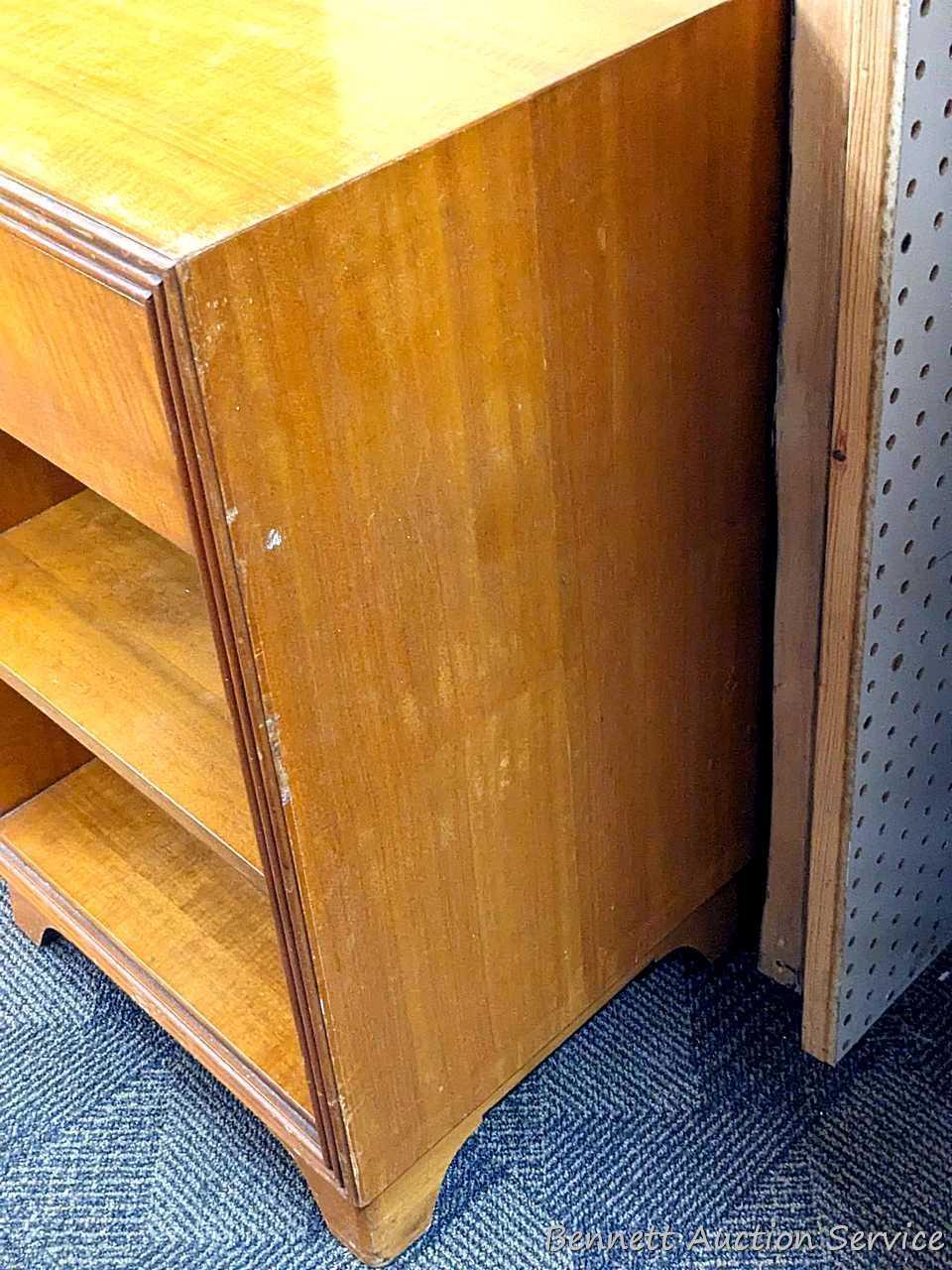 Bedside or end table with fixed shelves and drawer. Measures 26" tall, x 16" wide x 14" deep. Drawer