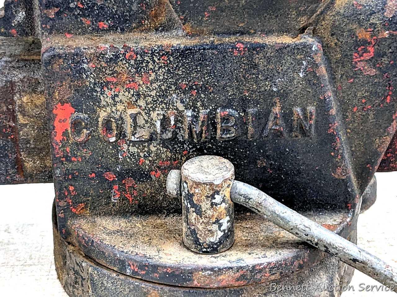 Columbian 4" swiveling bench vice. The vise in in pretty good condition with worn jaws, overall nice